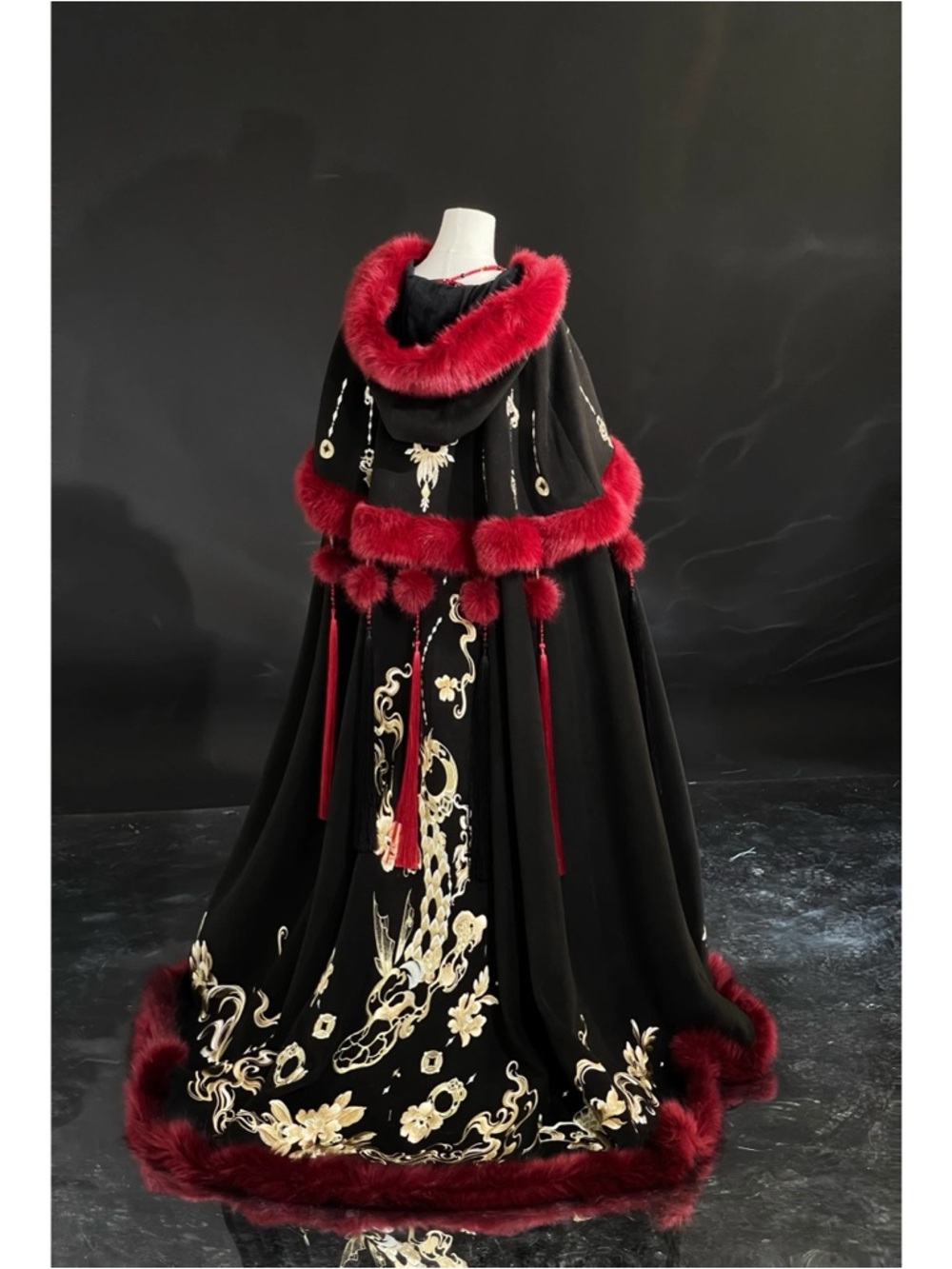 Embroidered Black Cape with Burgundy Fur Trim - Picture 2 of 2
